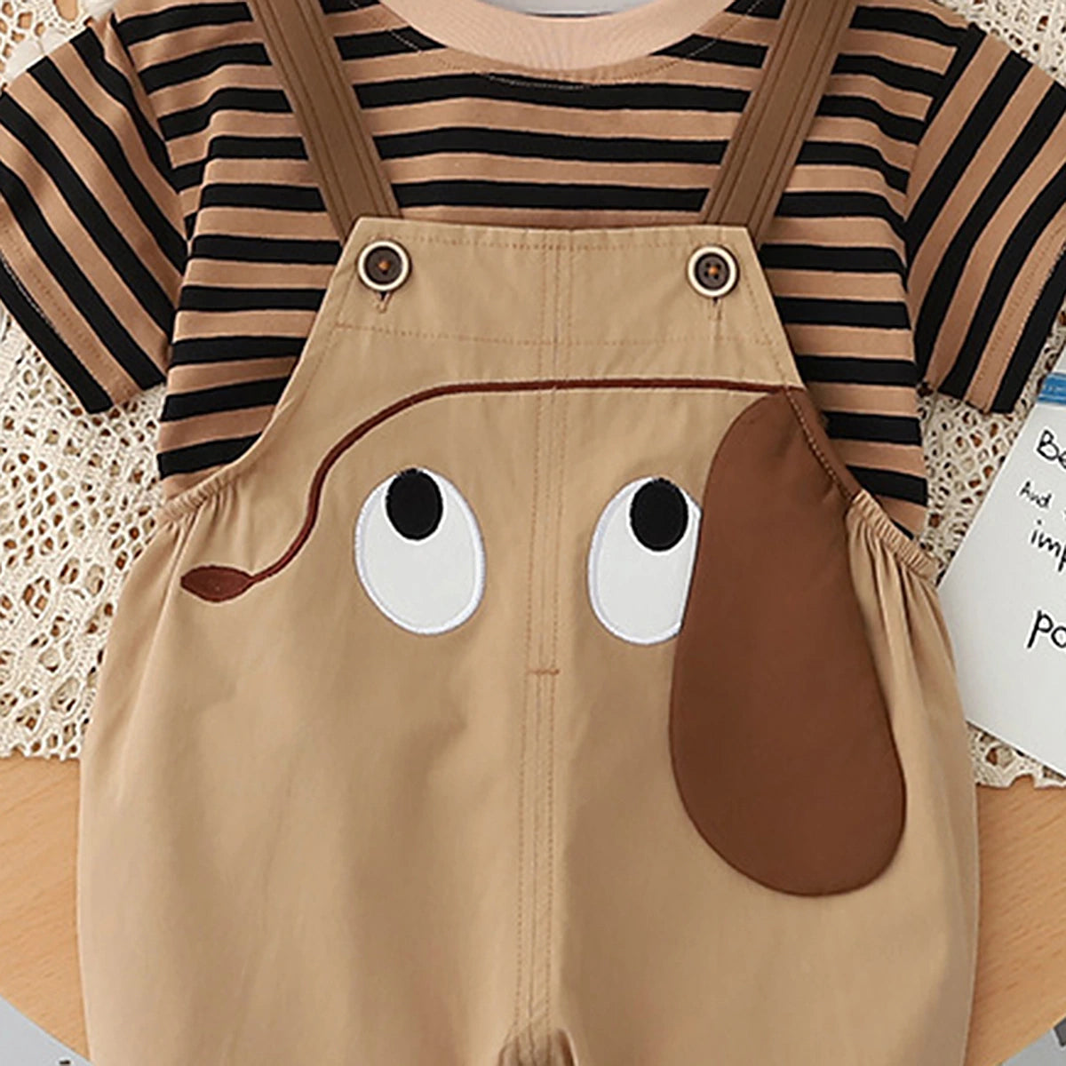 Boys Brown Dog Motif Striped Short Sleeve T-Shirt With Dungaree Sets 2 pc. Sets