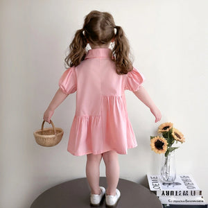 Girls Pink Flower Applique Short Sleeves Shirt Dress Casual Dresses