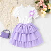 Girls White Textured Short Sleeve Top With Skirt Sets 2 pc. Sets White 3-4 Y