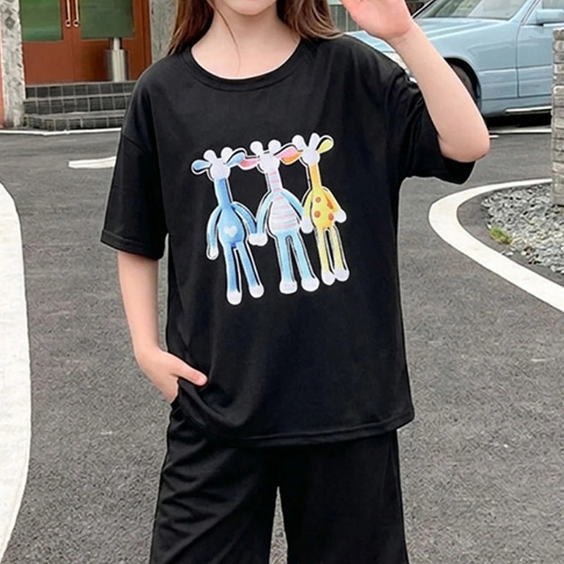 Girls Black Animal Graphic Short Sleeve T-shirts With Elasticated Shorts Sets Sets