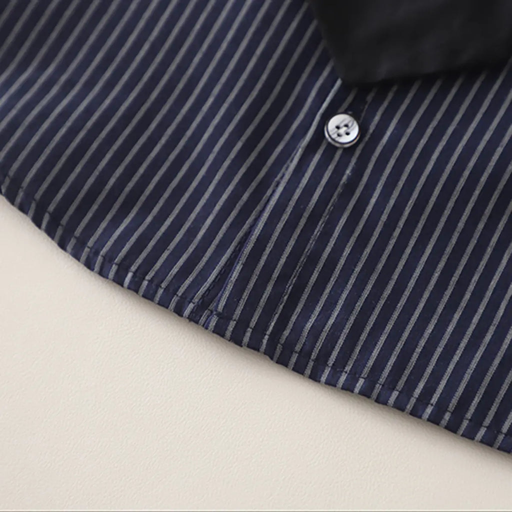 Boys Dark Blue Striped Button-Down Shirt With Shorts Sets Sets