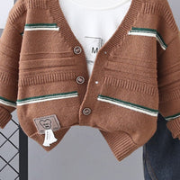 Boys Brown Self-Design Cardigan With T-Shirt and Denim Pants set Sets