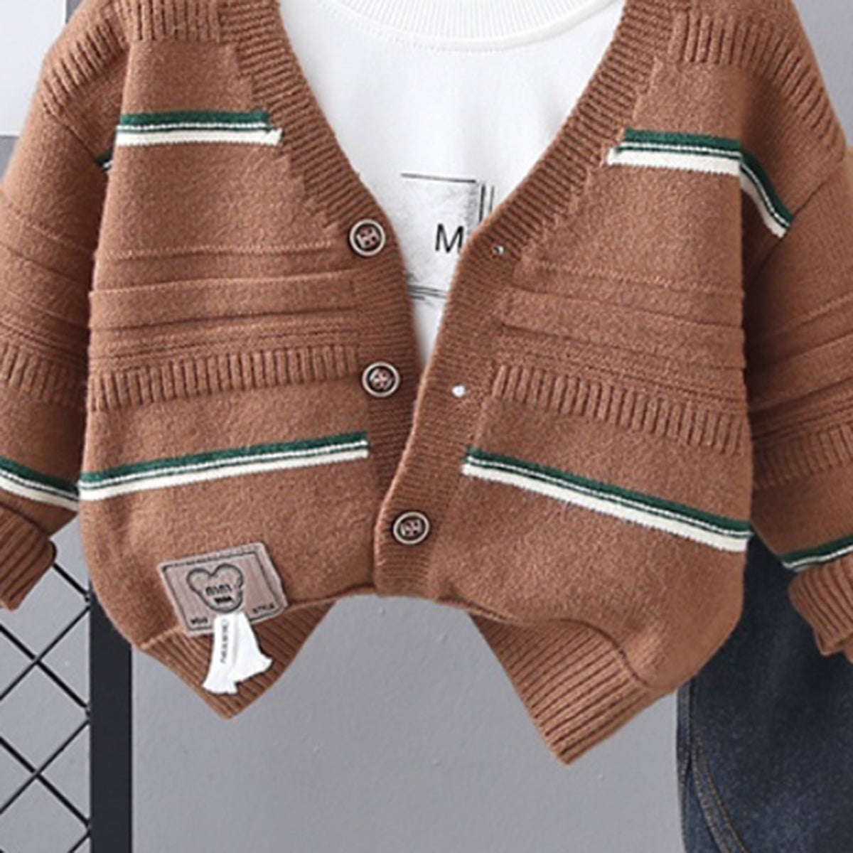 Boys Brown Self-Design Cardigan With T-Shirt and Denim Pants set Sets