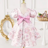 Girls Pink Floral Print Puff Sleeves Fit & Flare Dress Party Dresses