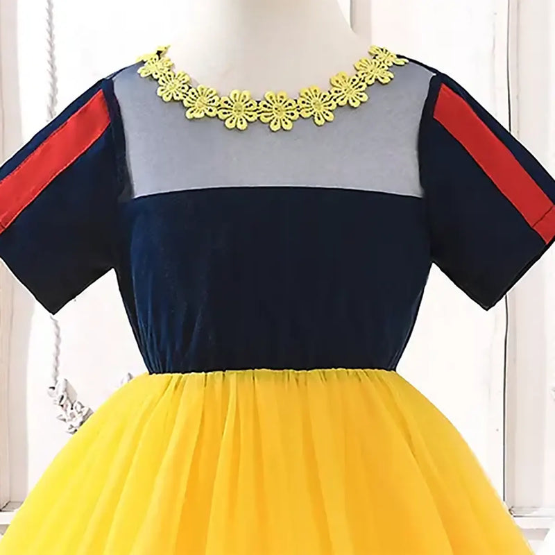 Girls Yellow Colorblocked Fit & Flare Dress With Tulle-overlay Skirt Casual Dresses