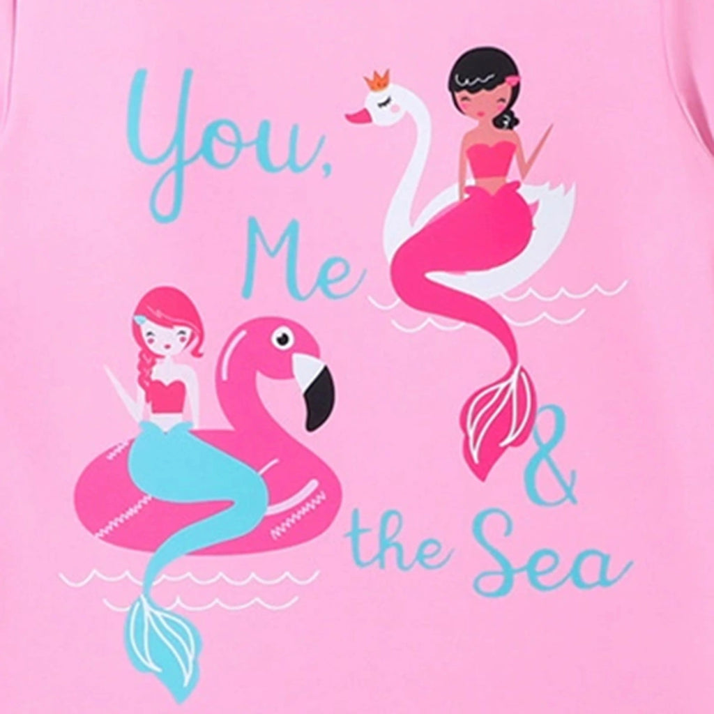 Girls Pink Mermaid Print T-Shirt With ruffled Briefs Swimwear Sets Sets