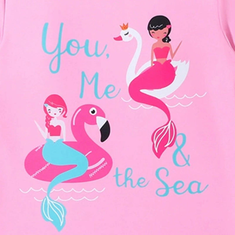 Girls Pink Mermaid Print T-Shirt With ruffled Briefs Swimwear Sets Sets