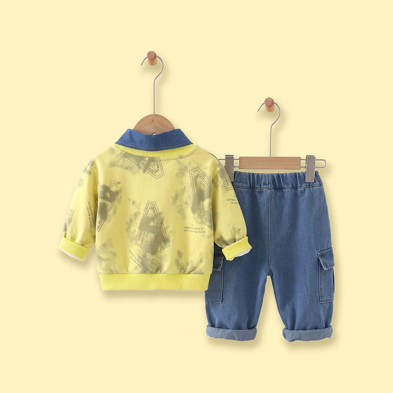 Boys Yellow Abstract Polo Sweatshirt & Denim Cargo Pants Sets Sets