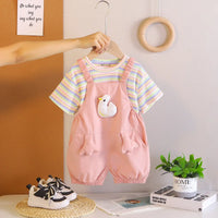 Girls Light Pink Toy Applique Dungaree With Short Sleeve Stripes T-Shirt Sets 2 pc. Sets Light Pink 1-2 Y