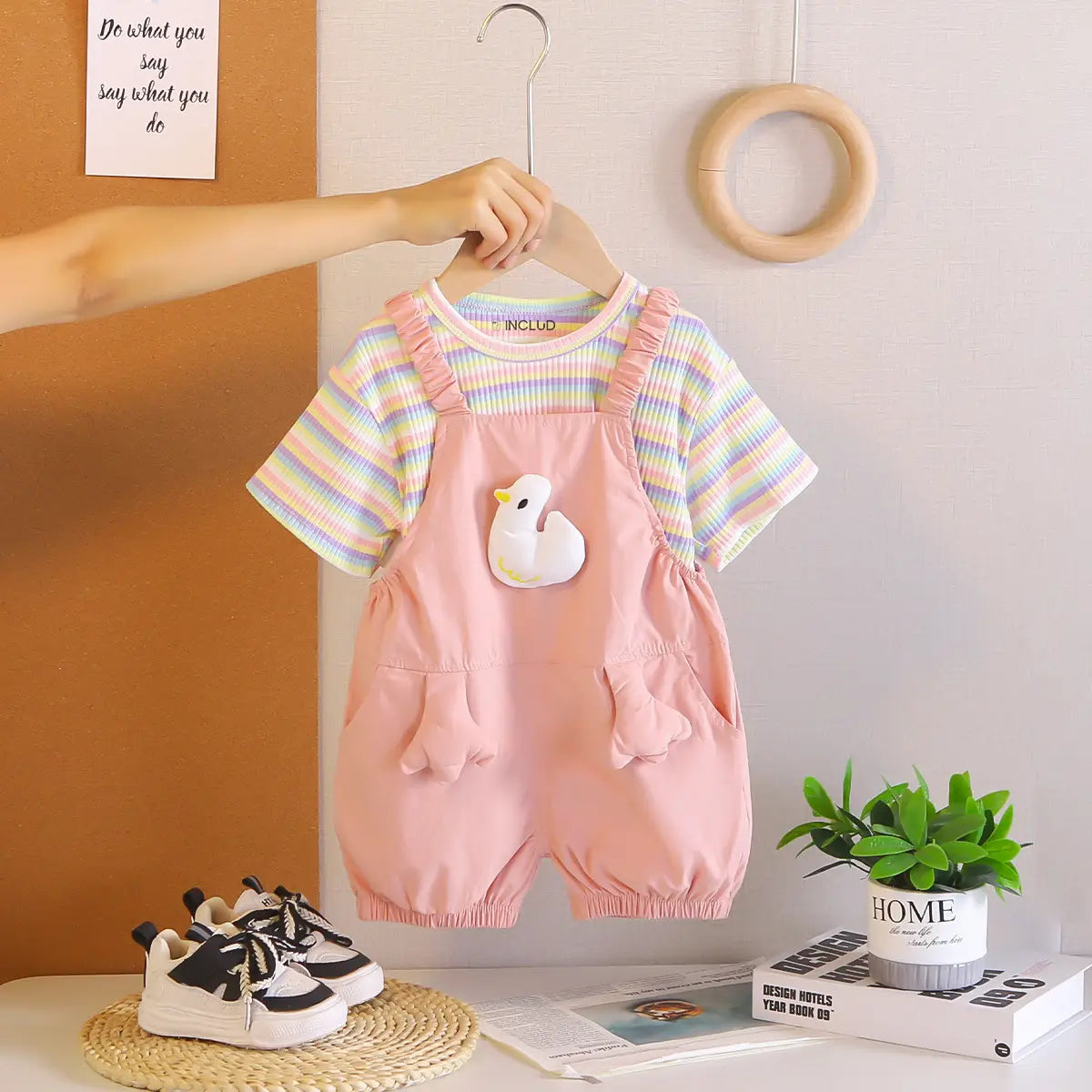 Girls Light Pink Toy Applique Dungaree With Short Sleeve Stripes T-Shirt Sets 2 pc. Sets Light Pink 1-2 Y