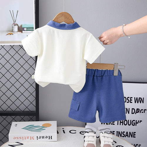 Boys Printed Contrast Collared Polo T-Shirt With Blue Shorts Set 2 pc. Sets