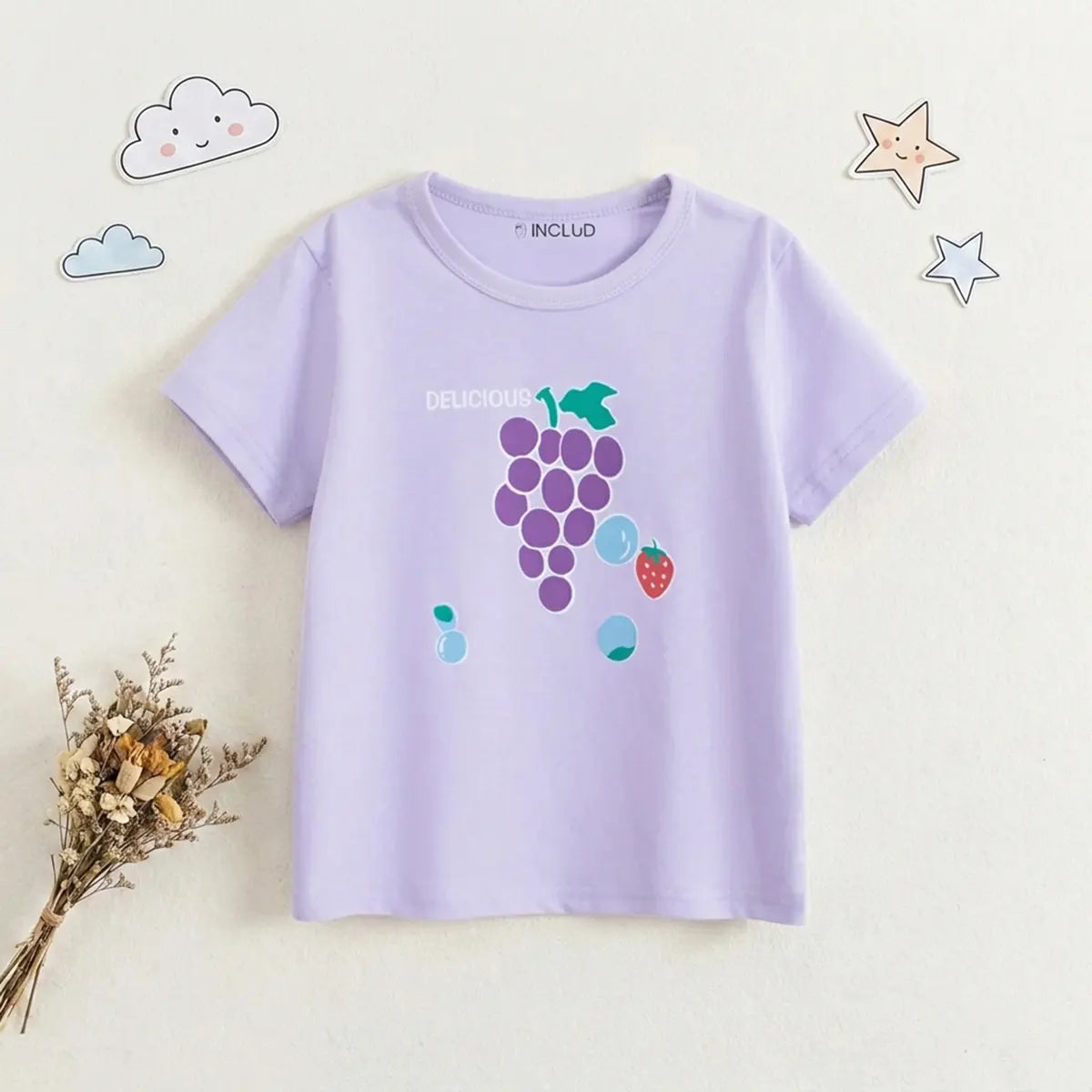 Girls Lavender Fruit Print Short Sleeve T-Shirt Tshirts Lavender 1-2 Y
