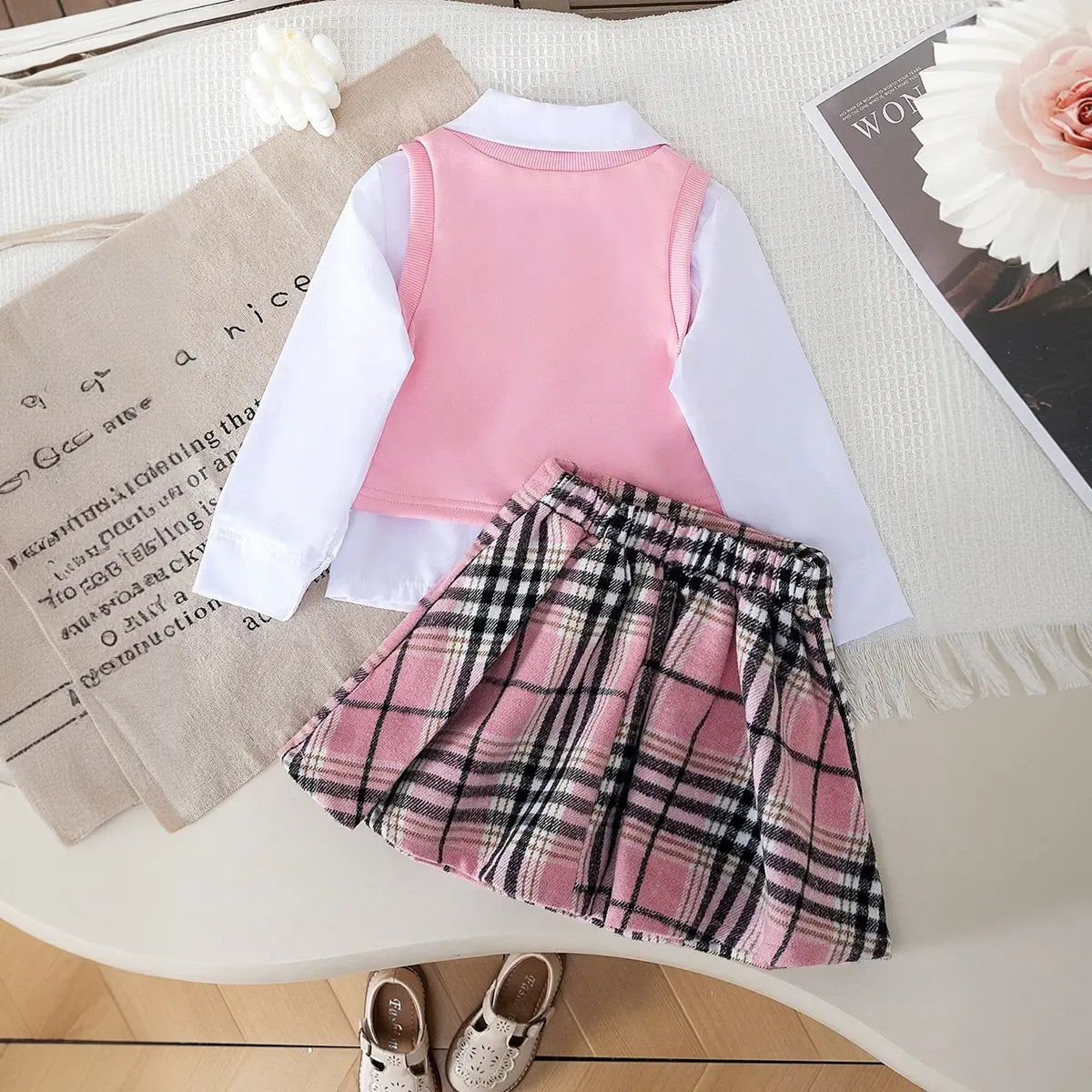 Girls Pink Heart Applique Vest With Shirt & Checked Skirt Sets Sets