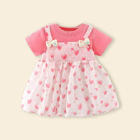 Girls Pink Heart Print Mock-Layered Pinafore Dress Casual Dresses