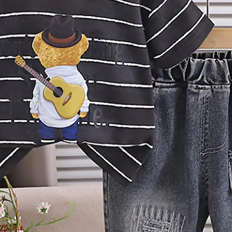 Boys Black Striped Bear Graphic T-Shirt With Denim Shorts Sets 2 pc. Sets