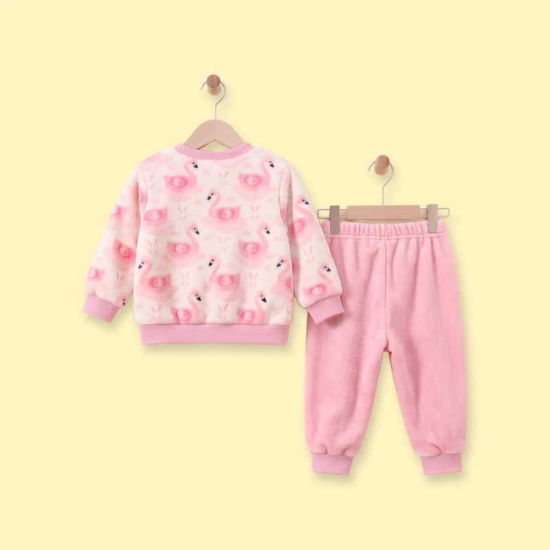 Girls Pink Swan Printed Sweatshirt With Pants Sets 2 pc. Sets