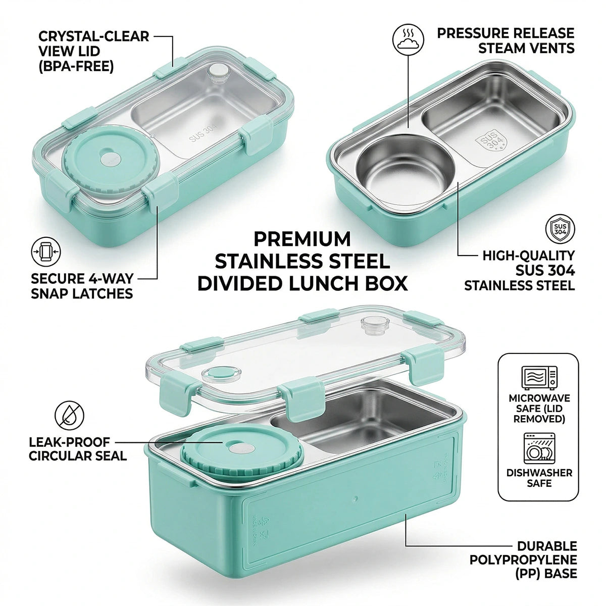 Kids Mint Green Leak-Resistant School Lunch Box Trending Accessories