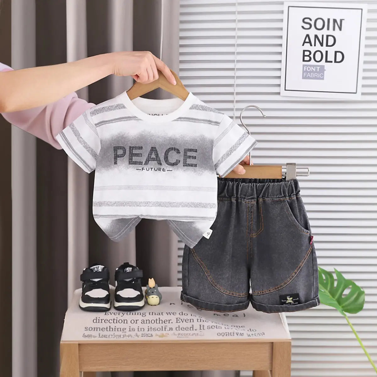 Boys White Typographic Printed Half Sleeve T-Shirt With Denim Shorts Sets 2 pc. Sets White 1-2 Y