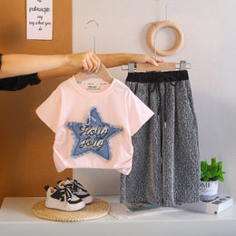 Girls Pink Frayed-Denim Star Applique T-Shirt With Wide-Leg Textured Pant Sets Sets Pink 1-2 Y