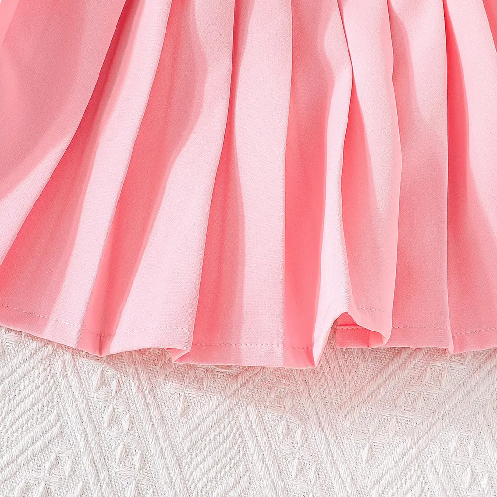 Girls Pink Embellished Ruffled Blazer Vest With Pleated Skirt & Camisole Top Sets Sets