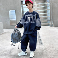 Boys Navy Blue Typographic Printed Sweatshirt With Pants Sets 2 pc. Sets Navy Blue 5-6 Y