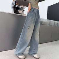 Girls Light Blue Heart Graphic Loose Fit Denim Jeans Pants