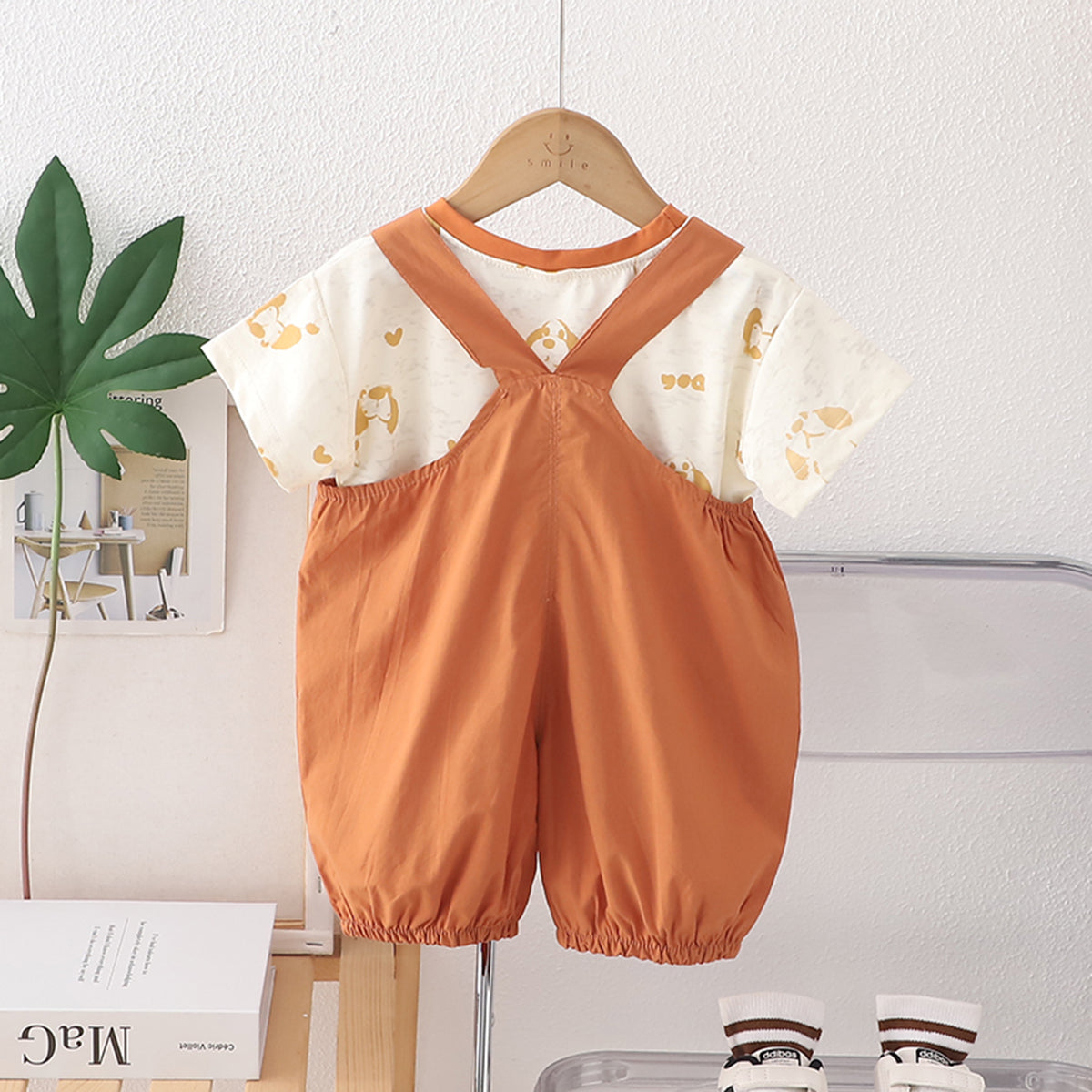 Boys Printed Short Sleeves T-Shirt With Khaki Embroidered Applique Dungaree Set 2 pc. Sets