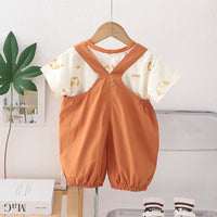 Boys Printed Short Sleeves T-Shirt With Khaki Embroidered Applique Dungaree Set 2 pc. Sets