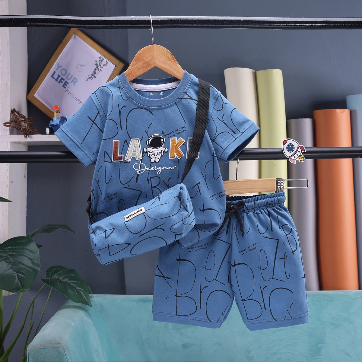 Boys Blue Astronaut Graphic Short Sleeve T-shirt With Drawstring Shorts And Bag Sets Sets Blue 1-2 Y