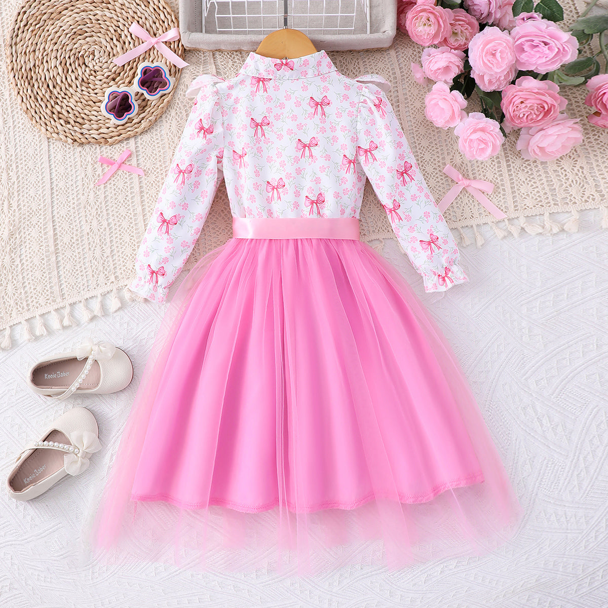 Girls Pink Bow Printed Fit & Flare Winter Casual Dress Casual Dresses