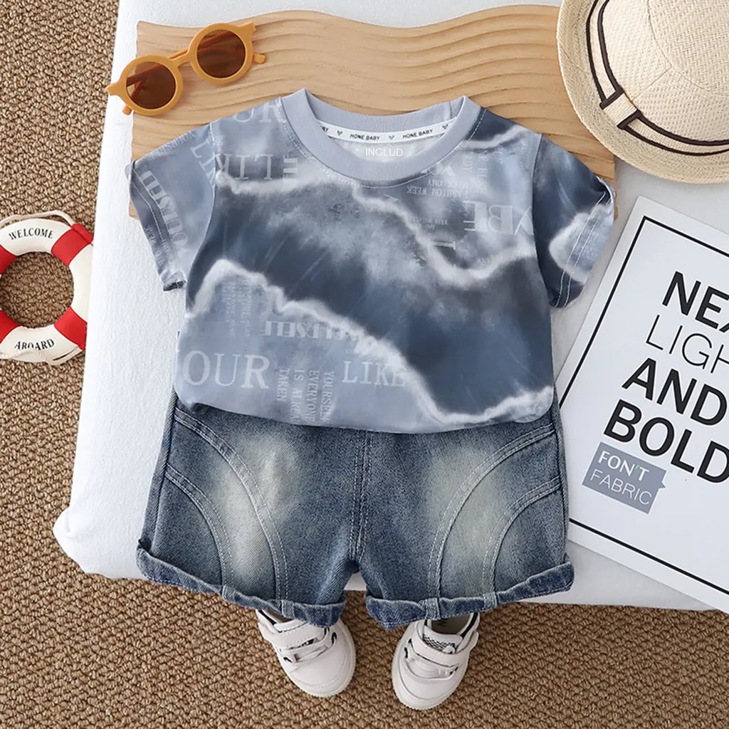 Boys Blue Tie-Dye Printed T-Shirt With Denim Shorts Set Sets Blue 1-2 Y