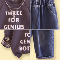 Boys Dark Grey Typography Sweatshirt With Denim Pants 2 pc. Sets