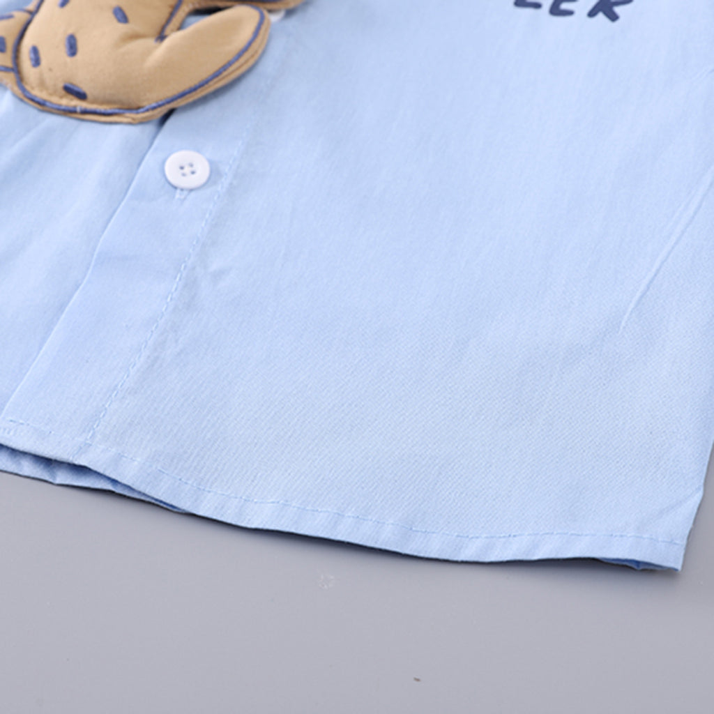 Boys Light Blue Cat Appliqued Short Sleeves Shirt With Shorts Set 2 pc. Sets