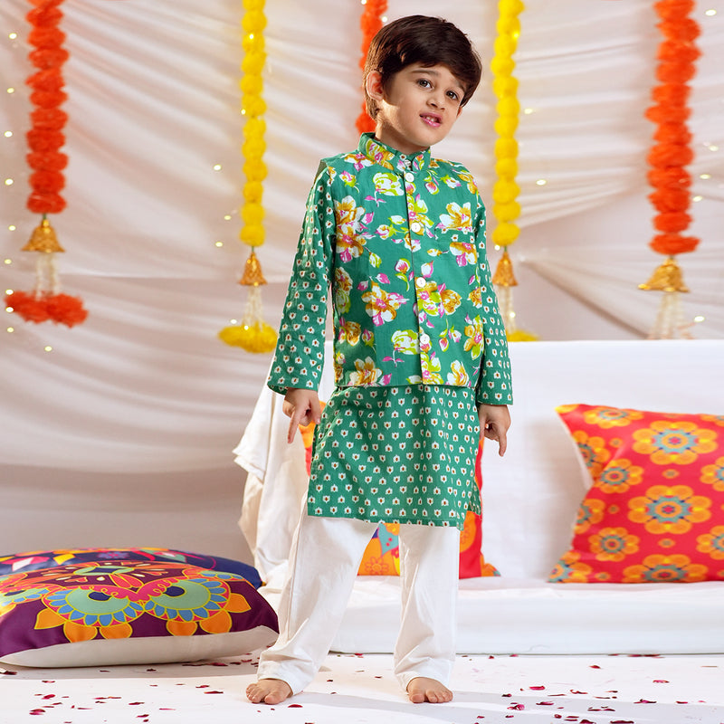 Boys Bandhani Print Kurta with Floral Print Nehru Jacket & Pajama Set Ethnicwear Boys Green 1-2 Y