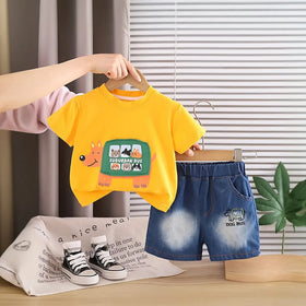 Boys Yellow Dog Bus Print T-Shirt With Denim Shorts Sets Sets Yellow 1-2 Y