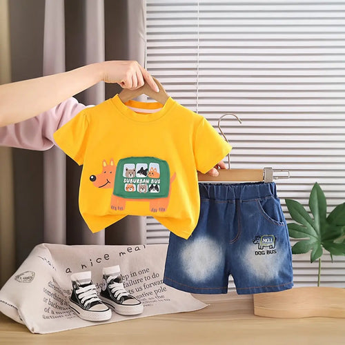 Boys Yellow Dog Bus Print T-Shirt With Denim Shorts Sets Sets Yellow 1-2 Y