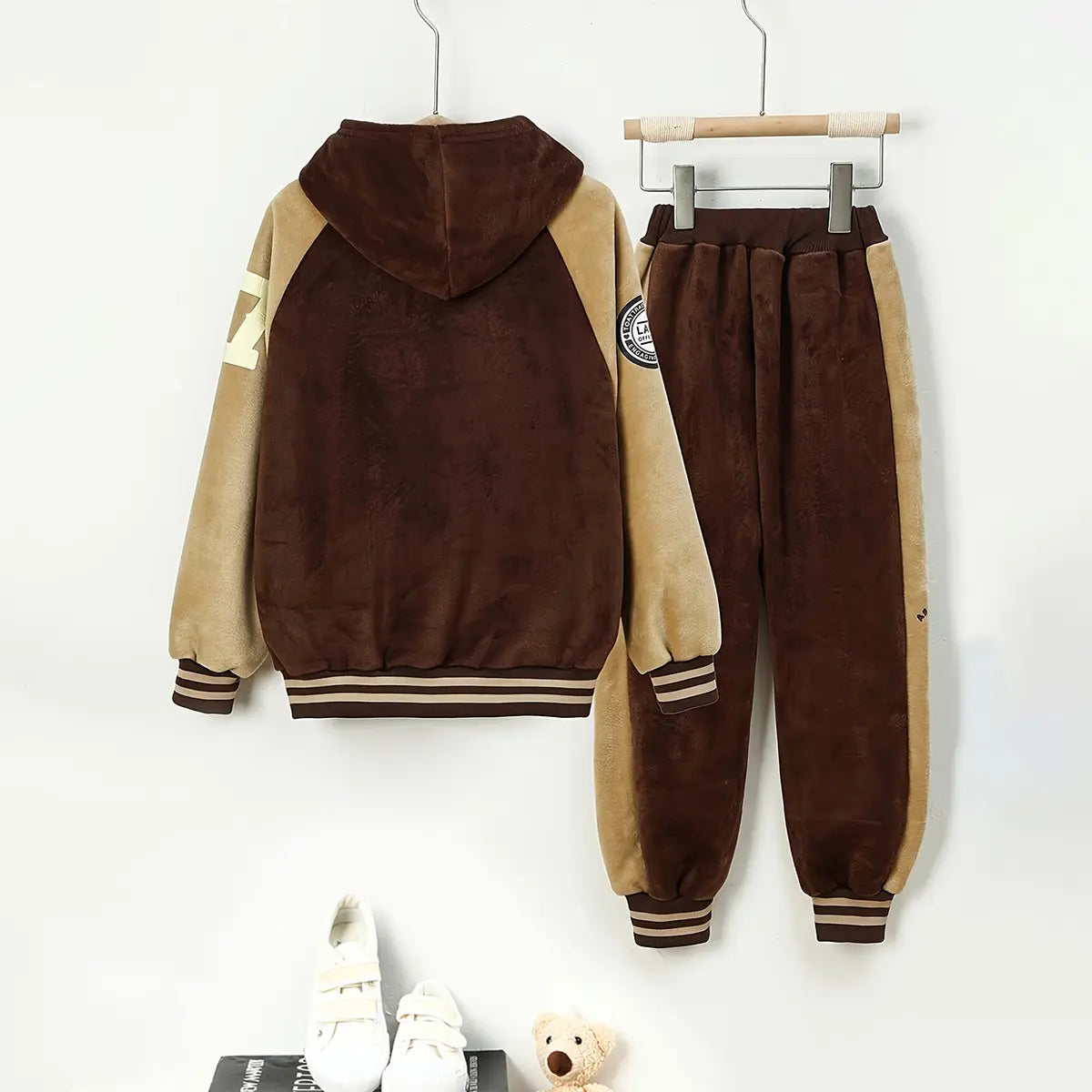 Boys Brown Typographic Printed Hooded Zipper Jacket With Jogger Sets Sets