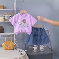 Girls Purple Floral Embellished T-Shirt With Pleated Denim Shorts Set Sets Purple 1-2 Y