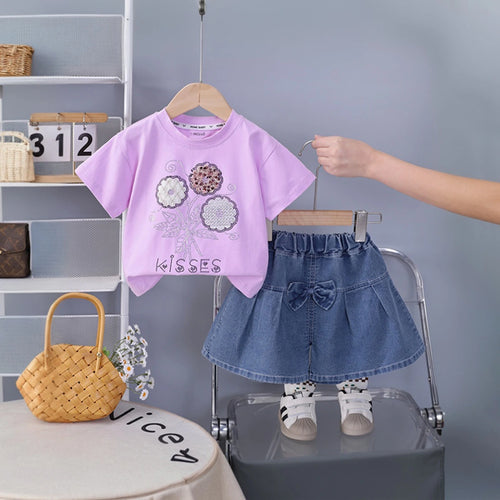 Girls Purple Floral Embellished T-Shirt With Pleated Denim Shorts Set Sets Purple 1-2 Y