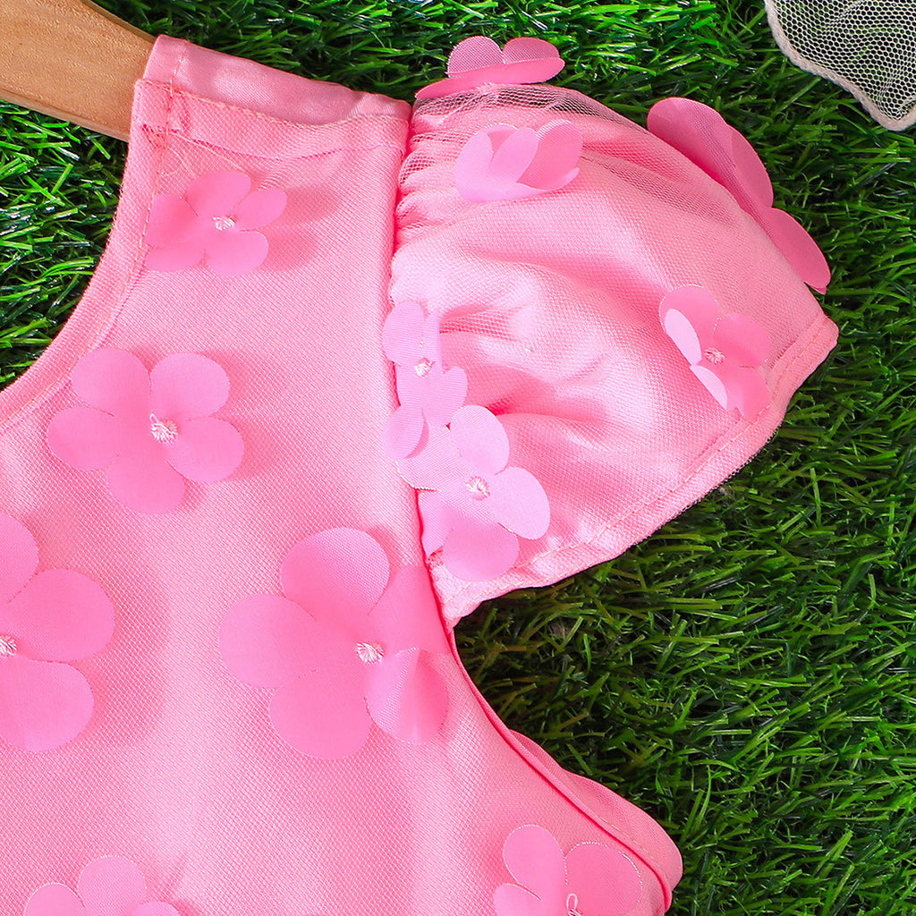 Girls Pink Flowers Applique Cap Sleeves Round Neck Dress Casual Dresses