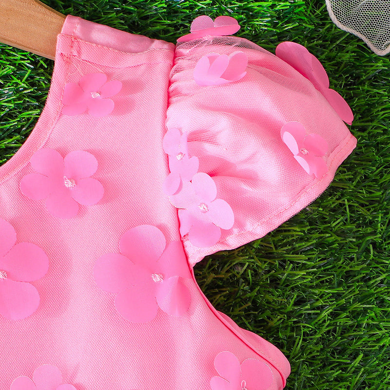 Girls Pink Flowers Applique Cap Sleeves Round Neck Dress Casual Dresses