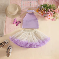 Girls Purple Butterfly Applique Halter Top With Tiered Tulle Tutu Skirt Sets Sets