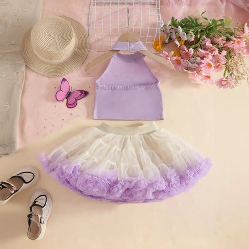 Girls Purple Butterfly Applique Halter Top With Tiered Tulle Tutu Skirt Sets Sets