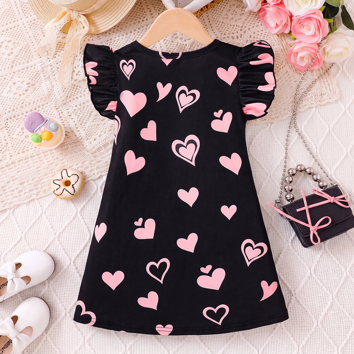 Girls Black Heart Print Flutter Sleeve A-line Dress Casual Dresses