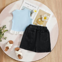 Girls Light Blue Butterfly Applique Sleeveless Top With Embellished Denim Shorts Set Sets