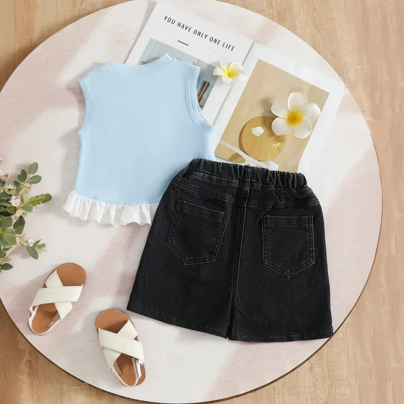 Girls Light Blue Butterfly Applique Sleeveless Top With Embellished Denim Shorts Set Sets