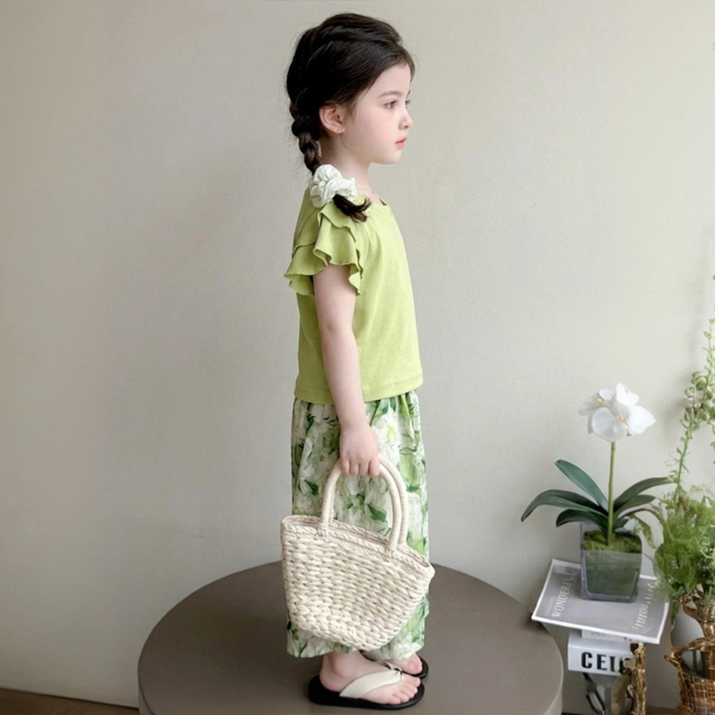 Girls Light Green Ruffled Sleeve Top with White Floral Pants Set Sets