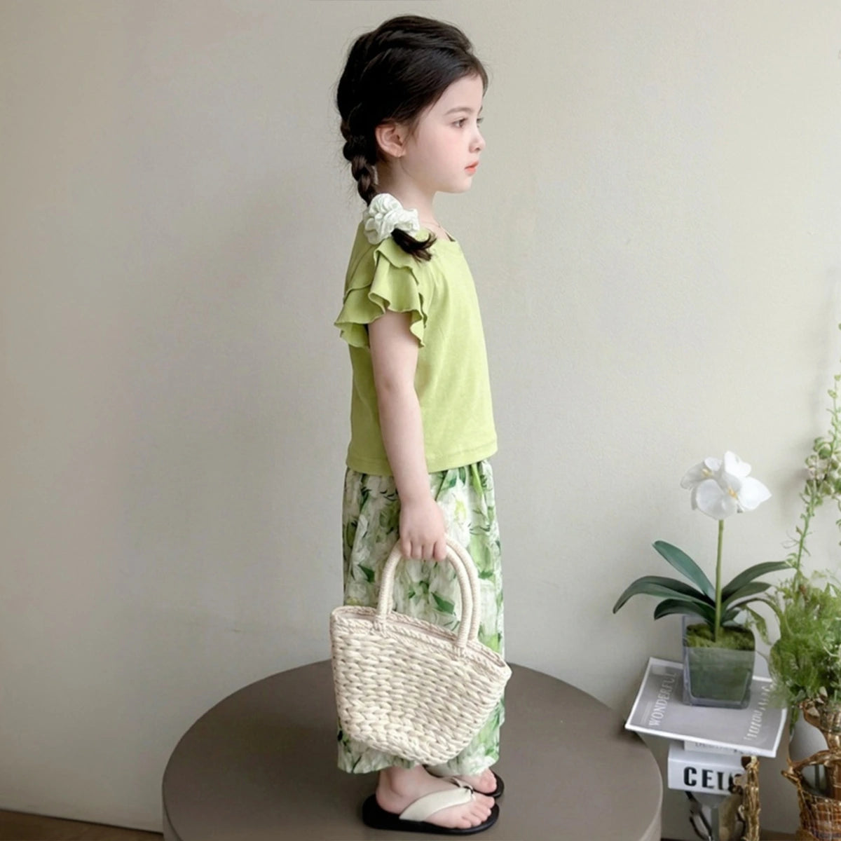 Girls Light Green Ruffled Sleeve Top with White Floral Pants Set Sets
