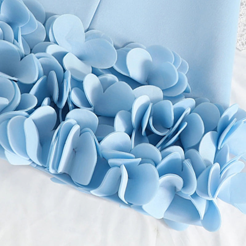Girls Sky Blue Solid A-line Party Dress With Flower Appliques Party Dresses