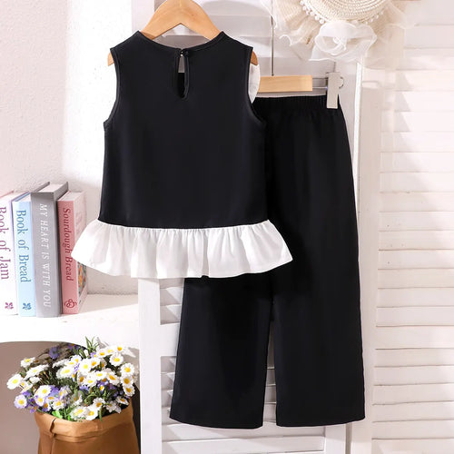 Girls Black Pearl Embellished Sleeveless Peplum Top With Pants Sets 2 pc. Sets